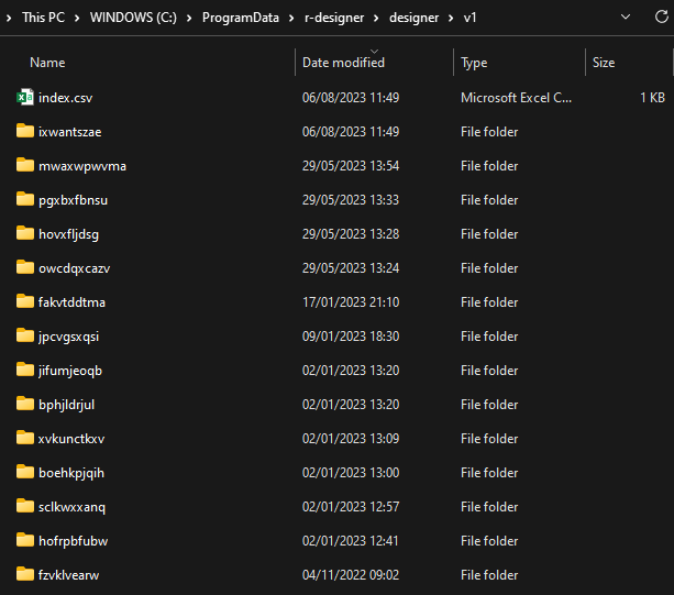 File explorer showing the template folders created by the designer application in the shared data directory